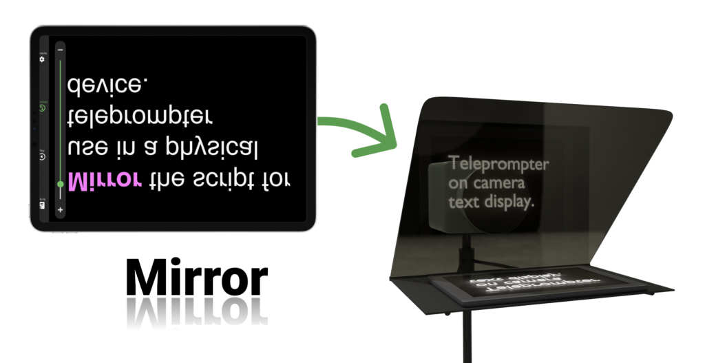 espelho de texto no aplicativo para uso no teleprompter divisor de feixe